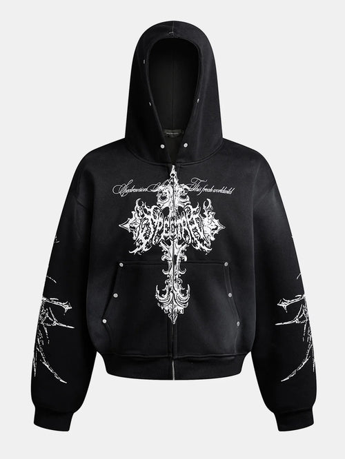 Beau Garcon | Distressed Cross Print Zipper Hoodie