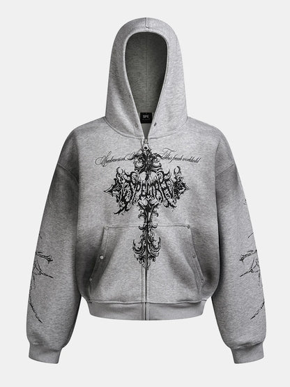 Beau Garcon | Distressed Cross Print Zipper Hoodie