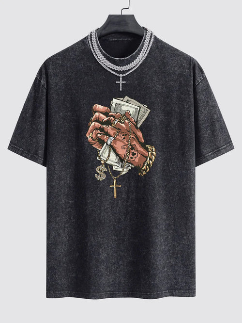Beau Garcon | Hand Holding Cash Print Washed Drop Shoulder Oversize T-Shirt