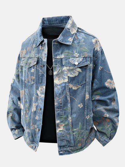 Beau Garcon | Relax Fit Flower Print Washed Denim Jacket