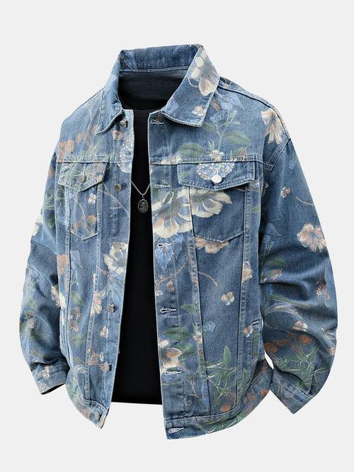 Beau Garcon | Relax Fit Flower Print Washed Denim Jacket