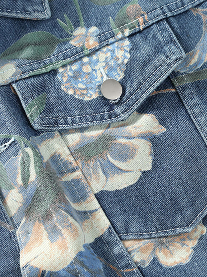 Beau Garcon | Relax Fit Flower Print Washed Denim Jacket