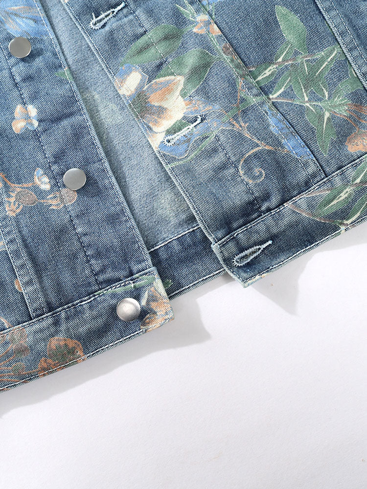 Beau Garcon | Relax Fit Flower Print Washed Denim Jacket