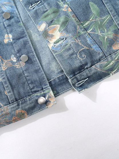 Beau Garcon | Relax Fit Flower Print Washed Denim Jacket