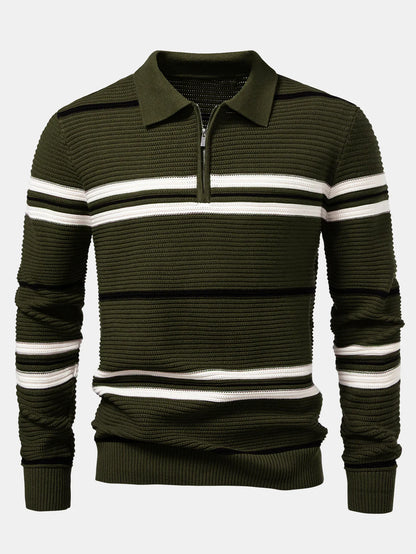 Beau Garcon | Striped Textured Zip Knit Polo Shirt