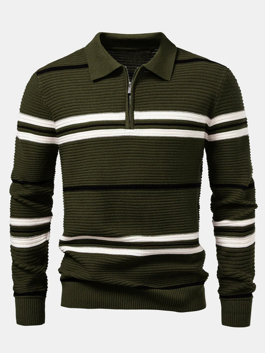 Beau Garcon | Striped Textured Zip Knit Polo Shirt