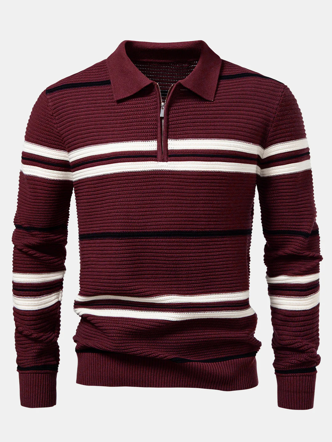 Beau Garcon | Striped Textured Zip Knit Polo Shirt