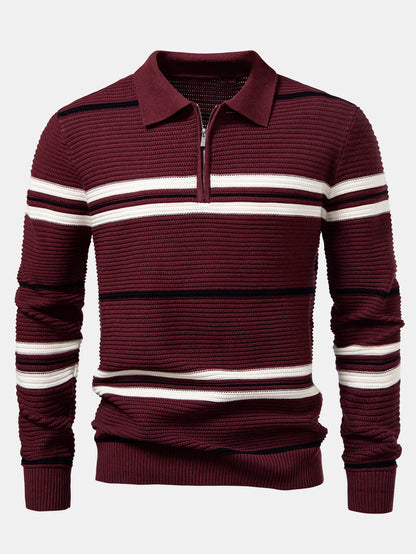 Beau Garcon | Striped Textured Zip Knit Polo Shirt