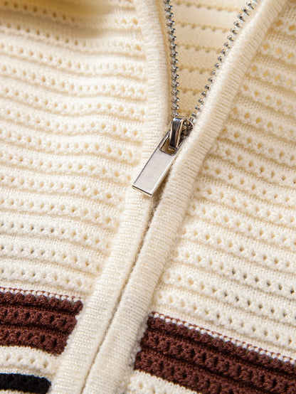 Beau Garcon | Striped Textured Zip Knit Polo Shirt