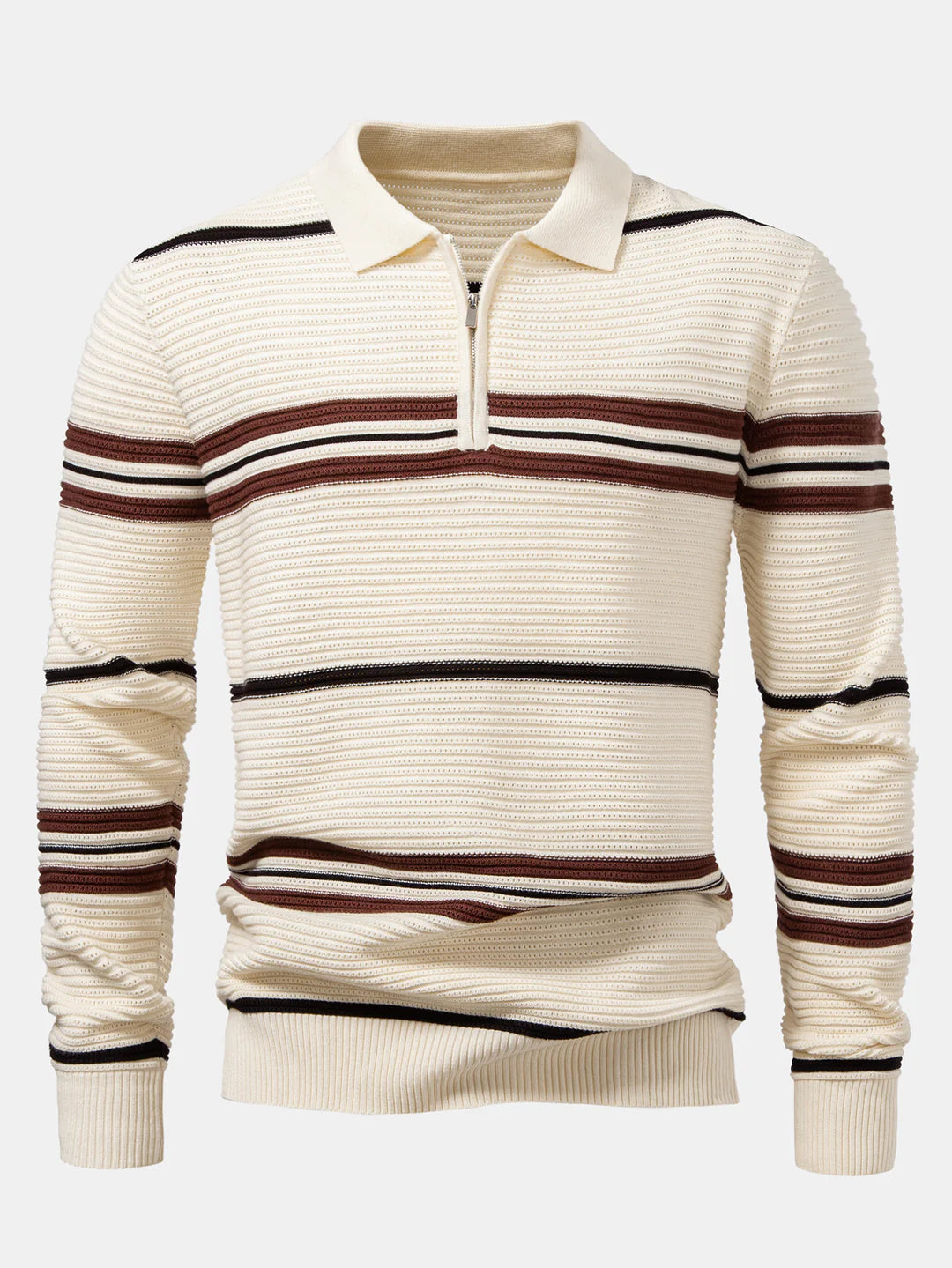 Beau Garcon | Striped Textured Zip Knit Polo Shirt