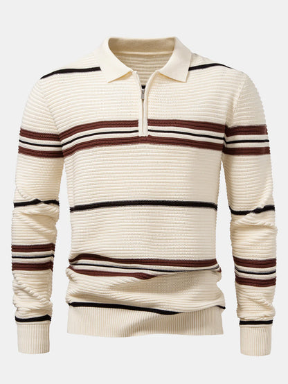 Beau Garcon | Striped Textured Zip Knit Polo Shirt