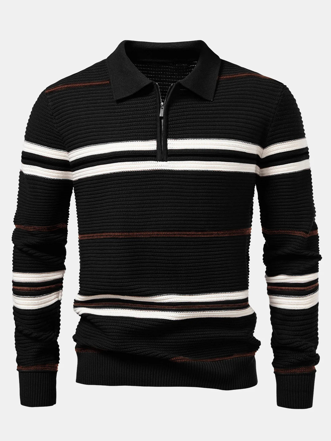 Beau Garcon | Striped Textured Zip Knit Polo Shirt