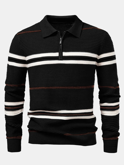 Beau Garcon | Striped Textured Zip Knit Polo Shirt