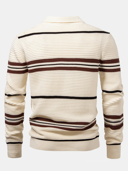 Beau Garcon | Striped Textured Zip Knit Polo Shirt