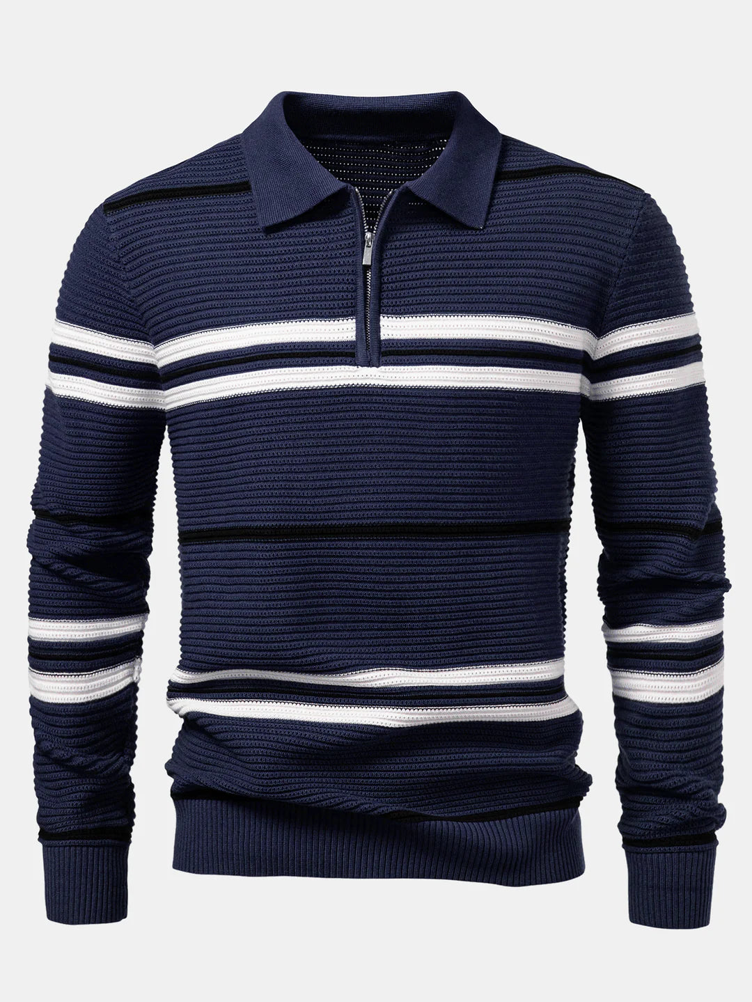 Beau Garcon | Striped Textured Zip Knit Polo Shirt
