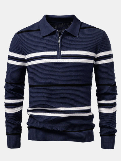 Beau Garcon | Striped Textured Zip Knit Polo Shirt